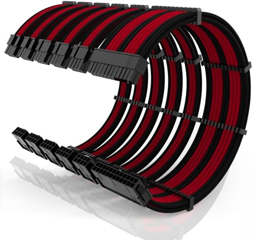 16AWG PSU Cable Extension Kit with Cable Combs,1x24pin ATX/2x8pin(4+4) EPS/3x8pin(6+2) PC Sleeved Cables 30cm Length,Power Supply Extension Cable Kit(Black/Red)