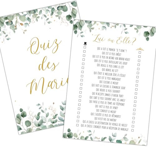 50Feuilles Cartes Jeu de Elle et Lui Quiz des Mariés Jeu de mariage pour les Invités Cartes de Questions Jeu d'Animation de Mariage Amusant Décoration Mariage