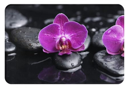 BYwenhopnbs Fußmatte mit Orchideen-Aufdruck auf schwarzem Stein, Badezimmerteppich, rutschfest, waschbar, für den Innenbereich, 61 x 40,6 cm