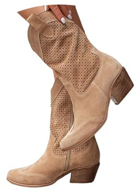 Minetom Damen Wildleder Cowboystiefel Halbstiefel Schlupfschuhe Niederung Stiefel Kurzstiefel Übergangsstiefel Blockabsatz Ankle Boots Halbhoch Damenstiefel D Khaki 38 EU