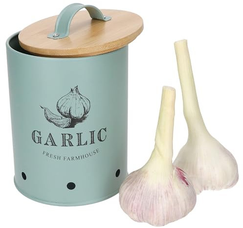 MamboCat Knoblauchtopf Fresh I belüftete Metall-Vorratsdose mit Bambusdeckel für Knoblauch I Aufbewahrungbox mit Aufdruck für die Küche