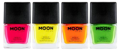 Neon UV Nail Polish by Moon Glow - Intense Set of 4 - Bright Neon Nail Varnish - Glows under UV - 10ml