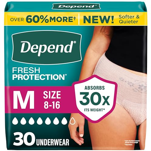 Depend Fresh Protection Adult Diapers, Incontinence Underwear for Women, Disposable, Maximum, Medium, Blush, 30 Count, Packaging May Vary