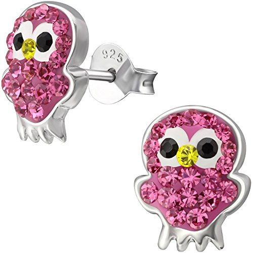 JAYARE Ohrringe Mädchen Eulen 925 Sterling Silber rhodiniert Glitzer-Kristalle rosa-pink Kinder Ohrstecker