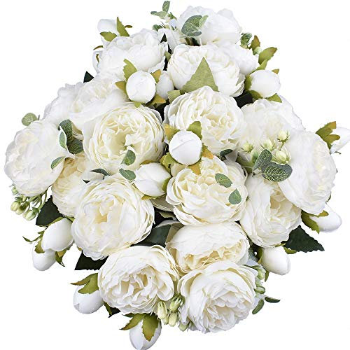 XONOR 4 mazzi di fiori artificiali di peonia di seta fiori finti di gloriosa per la decorazione domestica della festa nuziale, 5 forchette, 9 testa (bianco)