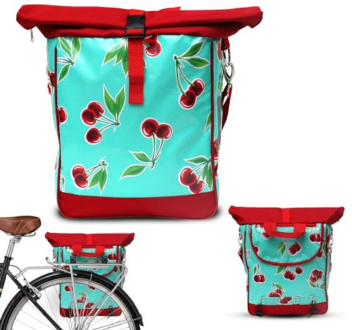 IKURI Fahrradtasche für Gepäckträger Satteltasche Einzeltasche Packtasche, abnehmbar, mit Tragegurt zum Umhängen, aus Wachstuch, UNISEX, Wasserdicht - Modell Cerezas türkis