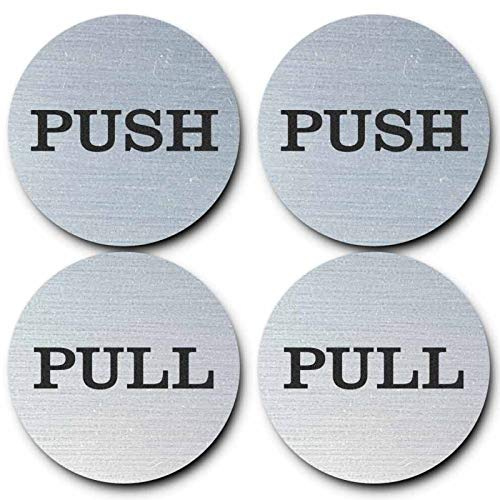 Coolest 2 Round Push Pull Door Signs (Brushed Silver) - 304 Grade Stainless Steel (Pair of 2)