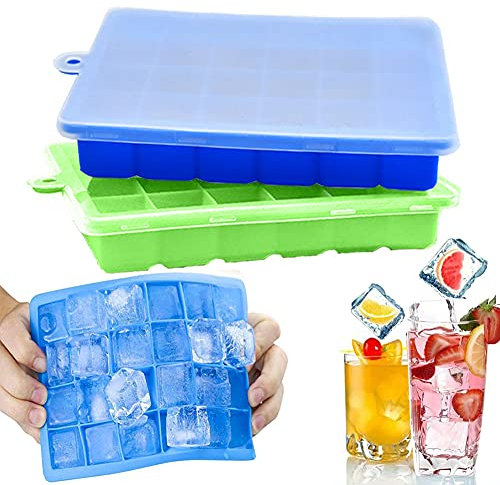 Bandeja Hielo Silicona,2 Bandeja Hielo,Bandejas para Hielo Silicona con Tapa,Bandeja de Cubitos de Hielo Utilizado en Bebidas,Jugos,Cócteles,Whisky sin BPA Azul Verde-24