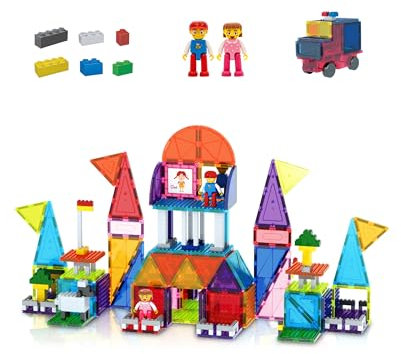 PicassoTiles 333pcs Magnetic Brick Tile and Magnetic Tile Combo Set, Action Figures included, Building Blocks STEM Toys, Educational Montessori Preschool Toddler classroom learning toys, Kids activity