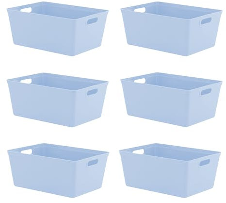 simpa 11L 11 Litre Plastic Storage Basket Studio Organiser Trays with Handles - Pastel Blue, Set of 6 Trays - 15.5cm (H) x 35cm (L) x 25cm (W)