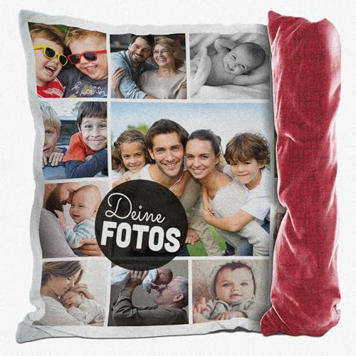 PR Print Royal Kissen mit Fotocollage selbst gestalten - mit 13 Fotos Personalisieren - Geschenk für Familie und Freunde | Rückseite Rot Gemustert, inkl. Kissenfüllung, 40x40cm