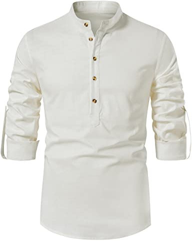 LucMatton Men's Retro Long Sleeve Henley Shirt Mandarin Collar Tops for Pirate Medieval Renaissance Halloween Cosplay Linen White Large