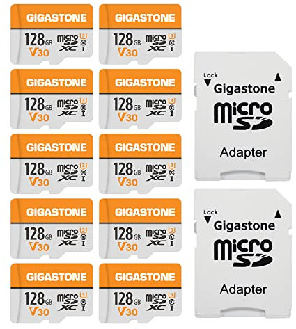Gigastone 128GB MicroSDXC Speicherkarte 10er-Pack + SD Adapter, für Gopro, Action-Kamera, Drohne, DJI, Tablet, Switch bis zu 95MB/s, UHS-I U3 V30 Klasse 10, 4K UHD Video Micro SD Karte.