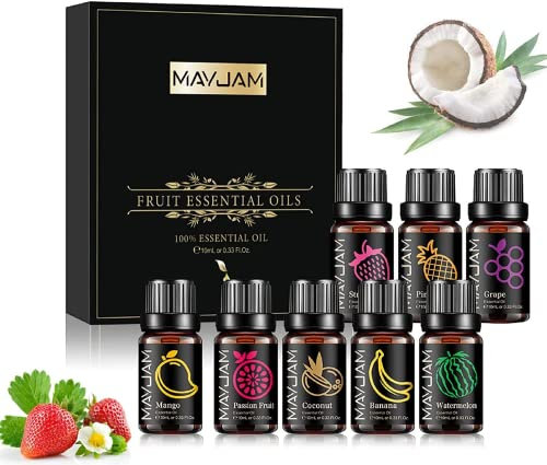 MAYJAM Duft Duftöl Set Fruchtiger 8 x 10ML, Früchte Duftöle für ätherischer Öle Diffuser Kerzenherstellung - Mango, Passionsfrucht, Erdbeere, Wassermelone, Kokosnuss, Ananas, Banane, Traube
