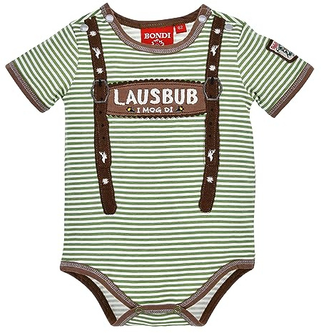 Alpenglück BONDI Baby Kurzarm Body „Lausbub“ 91636 | Grün-weiß gestreift mit süßer Stickerei – bequemer Baumwollbody mit Druckknöpfen für einfaches Umziehen (62)