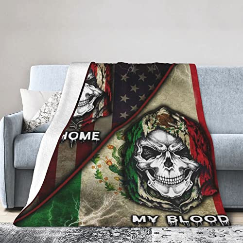 Flanell-Fleece-Decke, 127 x 101,6 cm, My Home My Blood, mexikanischer, amerikanischer Totenkopf, Sofa-Überwurf, hochwertige, ultraweiche Reise-Winterdecken für Paare, die warm halten