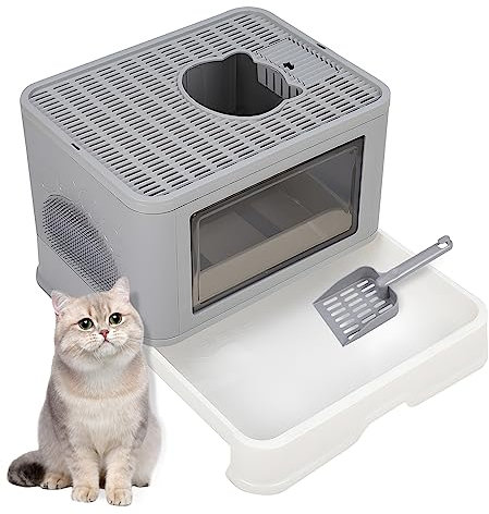 The Fellie Cat Litter Tray Litter Box, Large Space Foldable Litter Tray with Hair Brush Storage Design, Cat Litter Box with Storage Box and Scoop, Hooded Easy Clean Cat Litter Tray with Lid, Grey