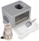 The Fellie Cat Litter Tray Litter Box, Large Space Foldable Litter Tray with Hair Brush Storage Design, Cat Litter Box with Storage Box and Scoop, Hooded Easy Clean Cat Litter Tray with Lid, Grey