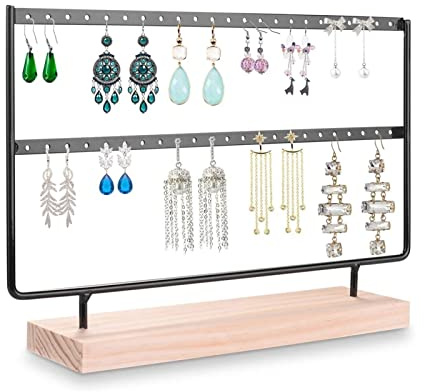 Espositore gioielli Porta orecchini 2 strati Gioielli Ear Stud Organizer Espositore Orecchini Albero Gancio in ferro metallico con base in legno (Nero/Bianco) Per conservare ed esporre i gioielli ( Co