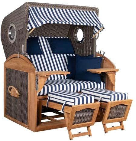 MR. DEKO Strandkorb Schillig Teak, Volllieger Strandstuhl Liegestuhl, PE Geflecht Grey, Teakholz, Bullauge, inkl. 4 Kissen, Wechselpolster Strandkörbe für Garten, Terrassen (Dessin 518)