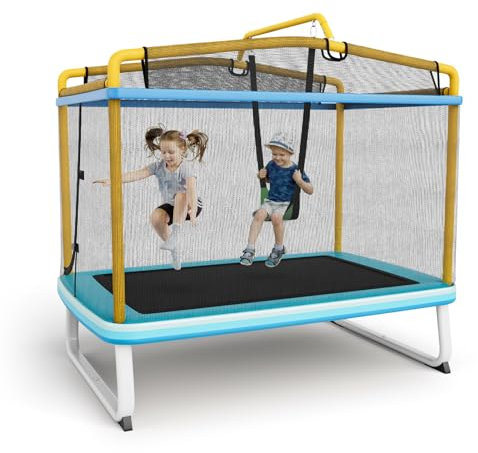 KOMFOTTEU Trampolin mit Abnehmbarer Schaukel & Reckstange, Kindertrampolin 190x124x222cm, Kinder Gartentrampolin mit Sicherheitsnetz & Randabdeckung, Fitnesstrampolin rechteckig (rot) (Orange)