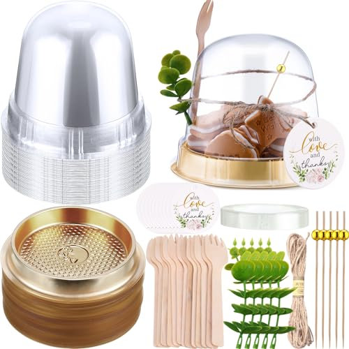 SiliFine 50 Sets Clear Plastic Cupcake Container Gold Bead Cocktail Picks Appetizer Skewers Disposable Wooden Forks Thanks Tags Fake Eucalyptus Leaves for Wedding Birthday Dessert Display Charcuterie