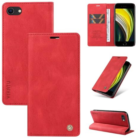 Beajew kompatibel mit iPhone 6/7/8/SE 2020/iPhone SE 2022 Hülle [Mit 2 Stück Panzer Schutz Glas] Premium Leder Stoßfest Schutzhülle Kartenfach Klapphülle Handyhülle für iPhone 6/7/8/SE 2022, Rot
