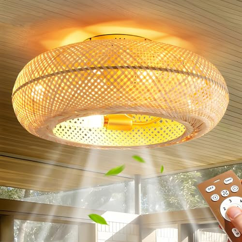 Wandun Ventilateur Plafond avec Lumiere et Telecommande, Fan Plafonnier E27 Rétro Silencieux Lamp Pendentif Tissage Bambou Et Rotin Naturel Tissé Silencieux Plafond pour Chambre, Salon Restaurant