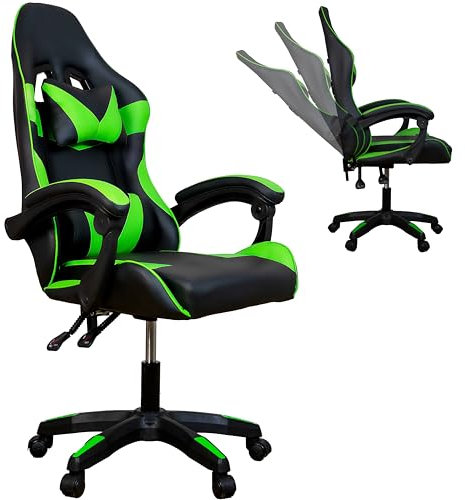 Gio Arreda Sedia da Gaming Reclinabile, Poltrona Ufficio girevole, con rotelle, ergonomica, poggiatesta e cuscino lombare, Portata: 125kg (Verde & Nero, Reclinabile)