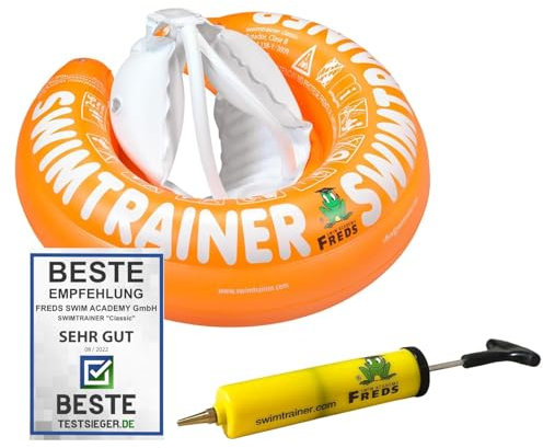 FREDS SWIM ACADEMY SWIMTRAINER Classic Orange + Handpumpe – Schwimmset für Kinder von 2 bis 6 Jahren, aufblasbare Schwimmhilfe mit praktischer Pumpe für schnelles Aufblasen