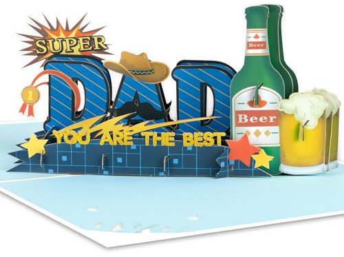 GREETING ART Pop Up Karte Vatertag,Super Papa Karte,Pop Up Karte Bier, Geburtstagskarte Papa, Ehemann, Großvater, Vatertagskarte, Ruhestandskarten für Männer