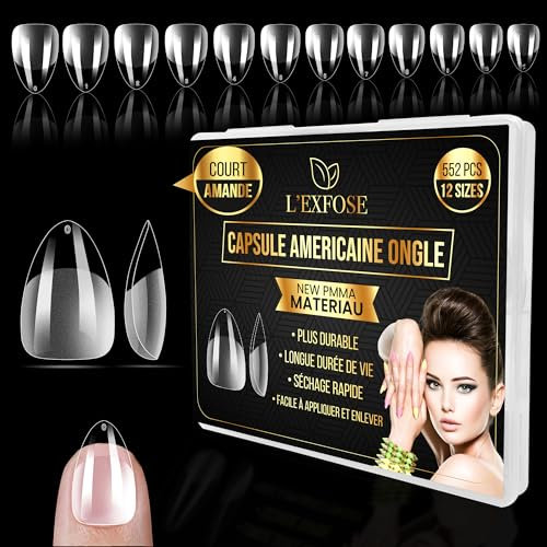 L'Exfose 552 pcs Capsule Americaine Ongle Amande Courte - 12 Tailles New PMMA Hypoallergenique Faux Ongles Court for DIY Nail Art & Salons Pose Americaine Ongles - Capsule Ongle Amande Courte