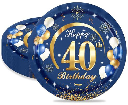 MORAINJAY 16 platos de cumpleaños para 40, platos de papel azul marino de 9 pulgadas para fiesta de 40 cumpleaños, platos de papel pequeños para hombres, mujeres, ella, él, suministros de fiesta de