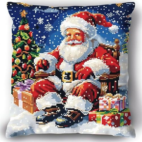 Kit de Coussin avec Crochet à Loquet Noël Kit Coussin au Point Noué, 43×43CM création de Tapis et Canvas, Kit Tapis Point Noué,Tapis Point Noué Kit