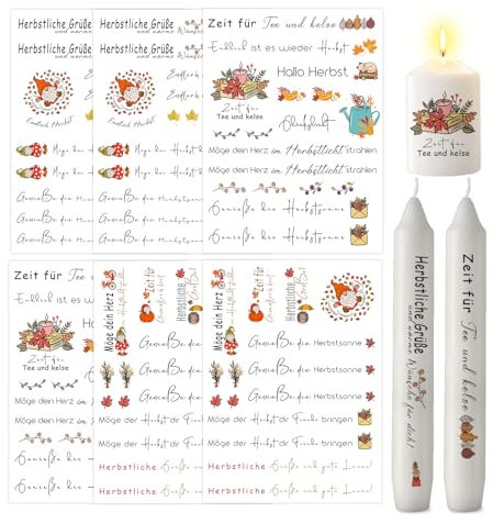 ALLAVA 6 Blatt Kerzentattoos Herbst, Herbst Kerzen, Rub On Sticker Herbst, Herbst Dekoration, Sticker Herbstdeko für Kinder zum Basteln, DIY Kerzen Geschenk, Kerzen Dekorieren (19x14, Herbst B)