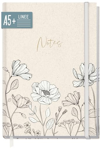 paper&you® Notizbuch A5+ liniert mit Gummiband Ink Flowers 156 Seiten, 78 Blatt - als Journal, Tagebuch, Notizheft - nachhaltig & klimafreundlich