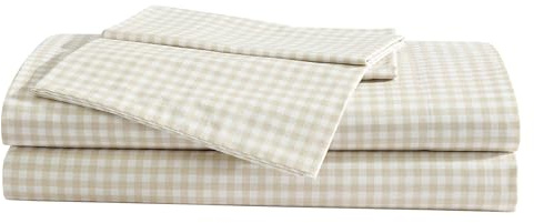 Eddie Bauer - Sheet Set, Cotton Percale Bedding with Matching Pillowcase, Crisp & Breathable, 200-Thread Count, Classic Comfort Essentials (Little Gingham Beige, Twin)