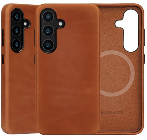 Rumwot Compatible with Samsung Galaxy S25 Leather case, Vintage Oil Wax Leather, Compatible with MagSafe and Wireless Charging, Metal Buttons Camera Bezel, Ultra-Thin fit(Red Brown)