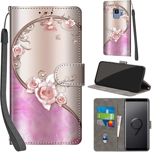 Handyhülle für Samsung Galaxy S9 Hülle Leder Wallet Rose | 3 Kartenfächer & 1 Geldfach, Magnetverschluss, Ständerfunktion, robuste premium PU leder klapphülle für Samsung S9