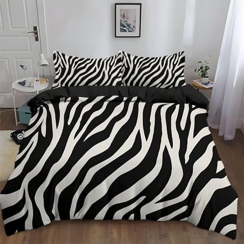 Bettwäsche Set Zebra mit schwarzen und weißen Streifen Design Schwarz, 100 x 135 cm Bettbezug, Mikrofaser Wendebettwäsche mit Reißverschluss, 1 Kissenbezüge 40x60 cm, Weich & Pflegeleicht, Einzelbett