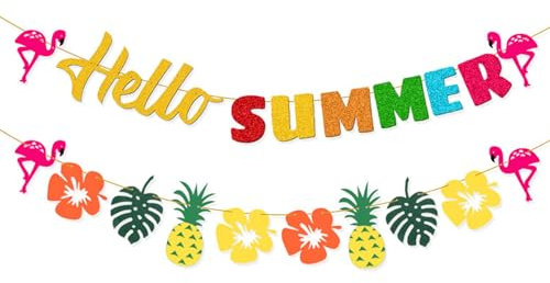 LMSHOWOWO Glitter Hello Summer Banner, 2PCS Hawaiian Party Decorations Bunting Garland Banner with Flamingo Pineapple Pattern, for Hawaii Tropical Theme Aloha Summer Beach Pool Birthday Party