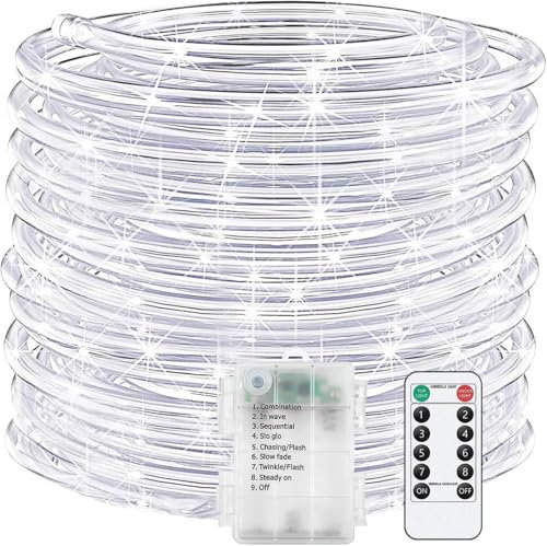 SUAVER LED Lichterschlauch Außen Wasserfest LED Schlauch Lichterkette mit Fernbedienung 8 Modi,Batterie Seil Licht für Party Hochzeit Weihnachten Dekolicht Tube String Lichter (Weiß, 20m 200LED)