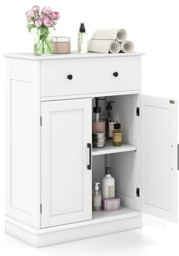 GOPLUS Badezimmerschrank, Badschrank mit Schubladen & herausnehmbaren & verstellbaren Einlegeböden, Badkommode mit Kippsicherung, für Schlafzimmer, Wohnzimmer & Arbeitszimmer (Weiß)