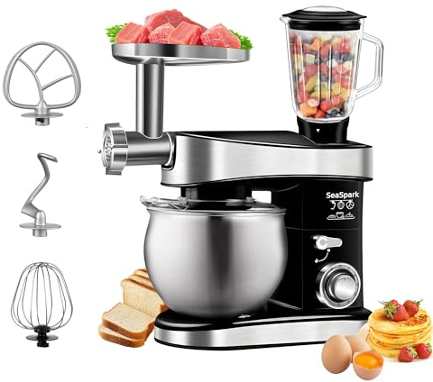 SeaSpark - Mixeur de cuisine multifonction de 6,3 litres avec tête basculante à 6 vitesses, batteur de cuisine électrique avec bol en acier inoxydable, hachoir à viande