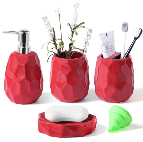 Badezimmer-Zubehör-Set, 4-teiliges Badezimmer-Zubehör-Set, Lotion-Seifenspender, Seifenschale, Zahnbürstenhalter, Zahnputzbecher, Badezimmer-Organizer für Moderne Badezimmer (Rot)