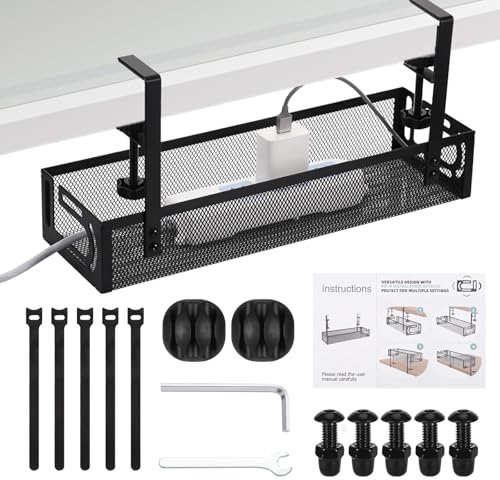 Organizador de Cables Escritorio, 39cm Bandeja Cables Escritorio | Cable Management Under Desk con Soporte de Abrazadera,， Recoge Cable para Mesa con Diseño de Apertura Lateral