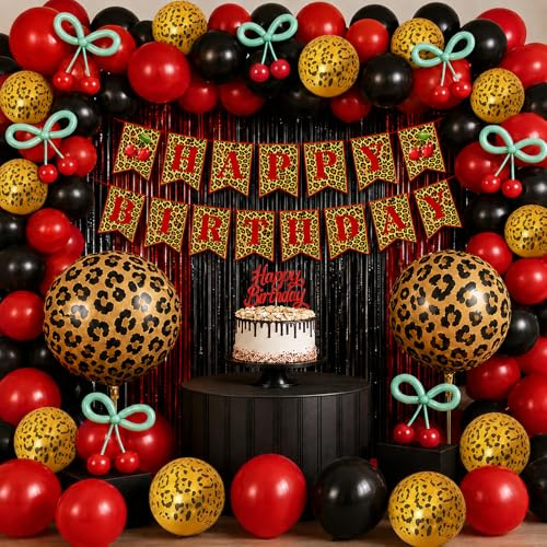 Red Cheetah and Cherry Birthday Decorations, Leopard Brithday Banner Red Black Cheetah Print Balloons Fringe Curtain Cake Toppers for Girls Women Birthday Bachelorette Party Decoration Supplies