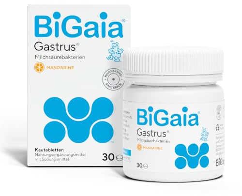 BiGaia® Gastrus® | Nahrungsergänzungsmittel für Erwachsene | Mit patentierten Lactobacillus reuteri/L. reuteri-Milchsäurebakterien | Mandarinengeschmack | Wissenschaftlich getestet | 30 Kautabletten