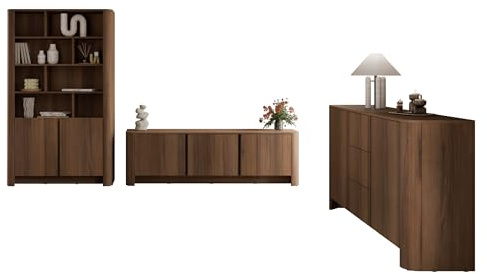 Mirjan24 Wohnzimmer-Set Binuki I, 3-teilig mit Kommode, TV-Lowboard und Regal, Wohnwand mit viel Stauraum, griffloses Design, modernes Wohnzimmermöbel (Nuss Warmia + Schwarz)