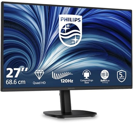 Philips 27B2N3500 27 Zoll WQHD Monitor, 120Hz, IPS Panel, 4ms GtG, Adaptive Sync, Höhenverstellung,Lautsprecher,(2560x1440 HDMI 2X 2.1 TMDS DP 1x 1.2) Schwarz